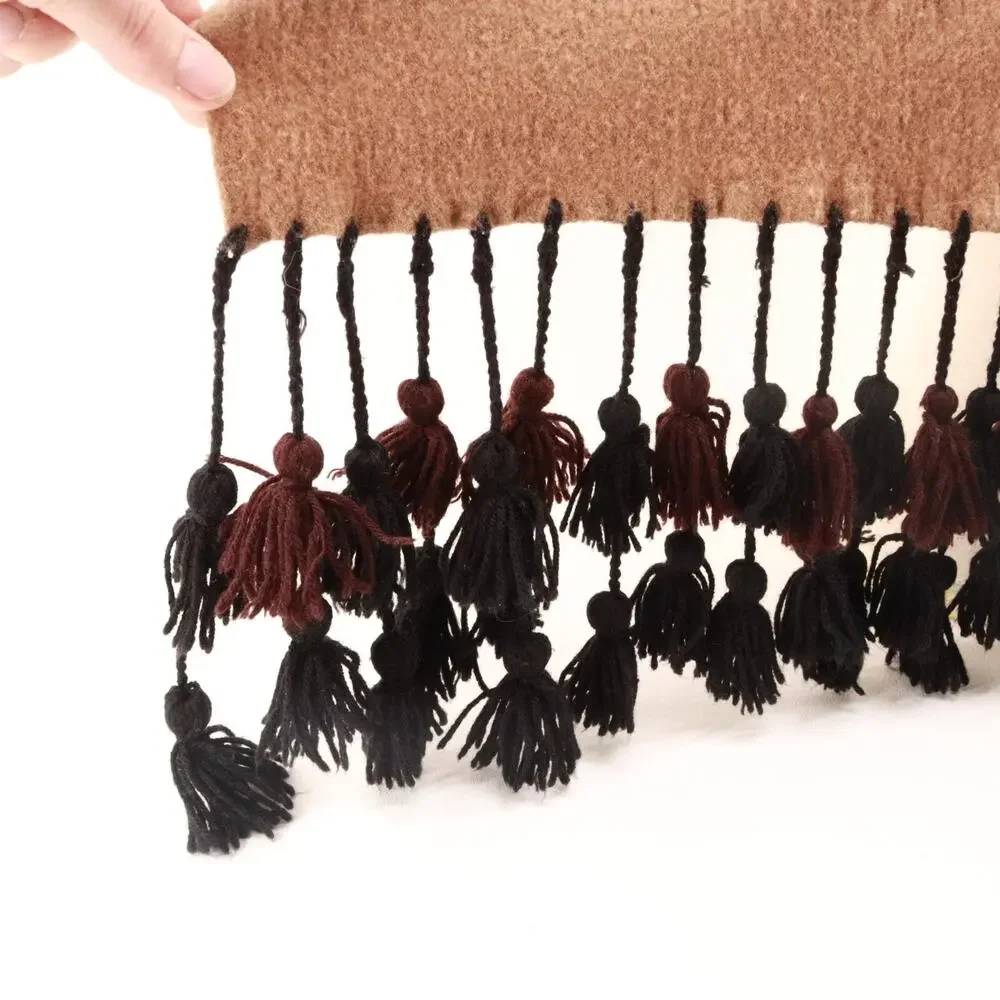 Vintage Paul Martin Worsted Wool Scarf Brown Black Double Layered Tassel Fringe